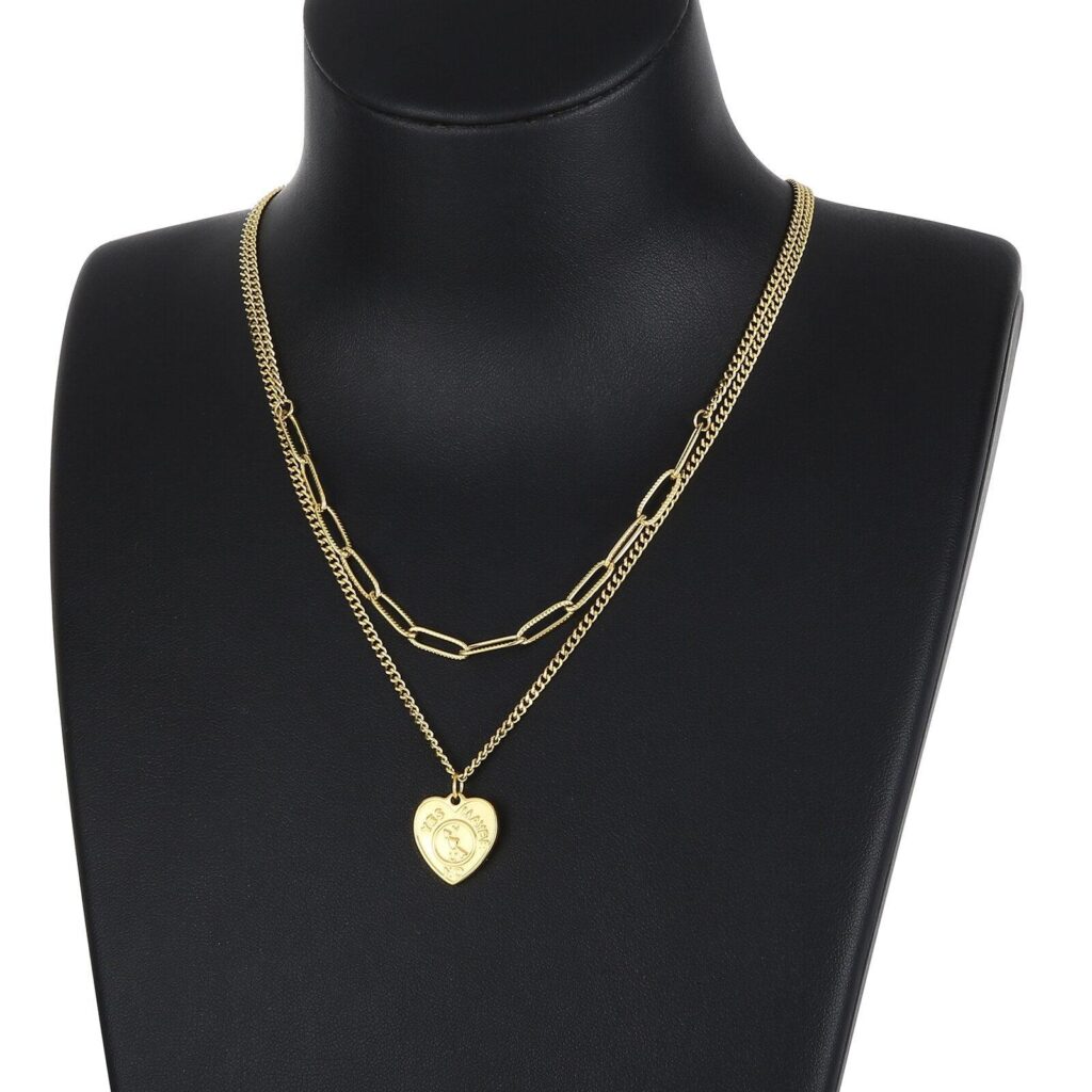 KALEN New Fashion Trendy Double layer Jewelry Necklace Stainless Steel Heart Chain Link Necklace Gift for Women Girl.