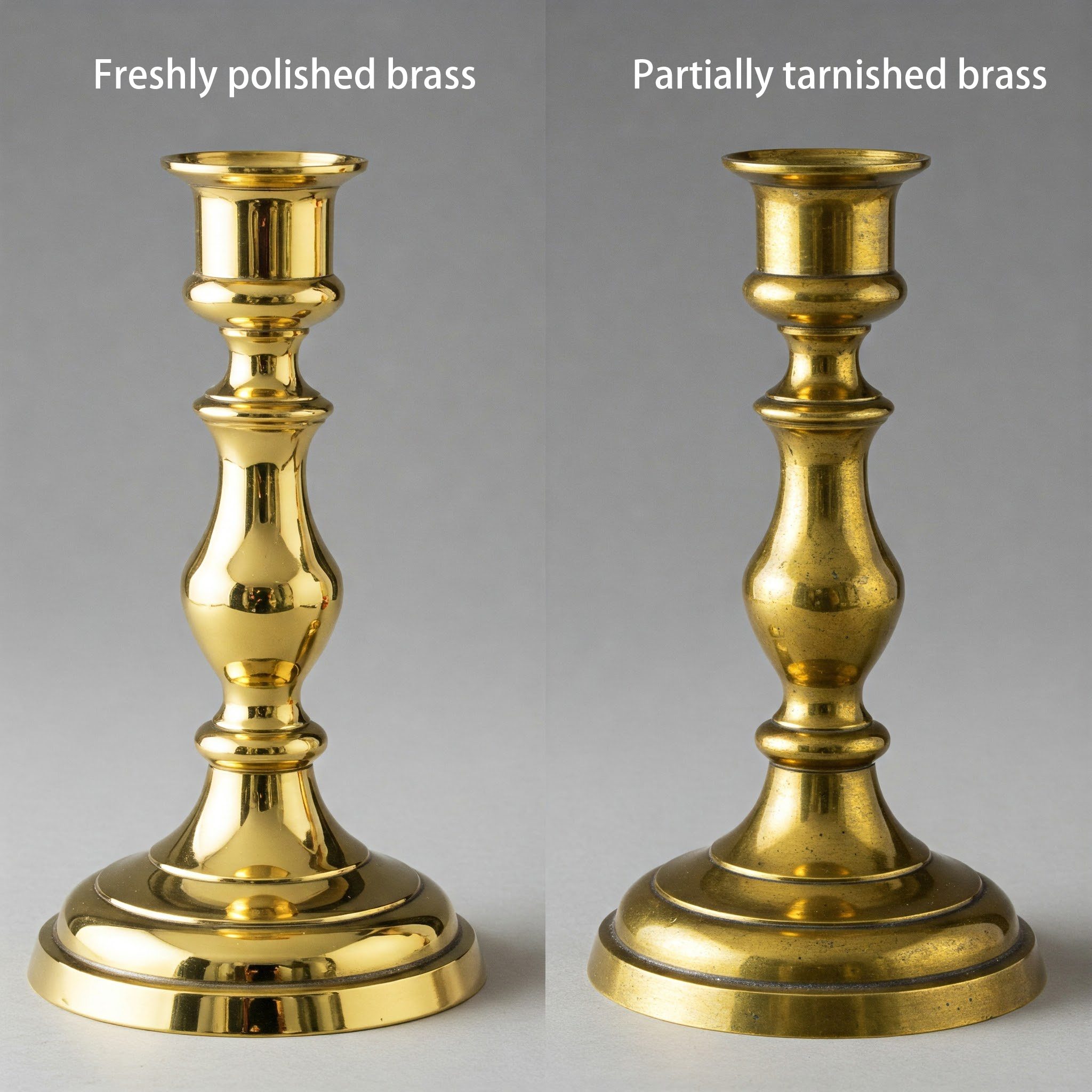 A side-by-side comparison of two brass candlesticks. The left candlestick is freshly polished, appearing bright and reflective, while the right candlestick is partially tarnished, showing a duller, aged patina.