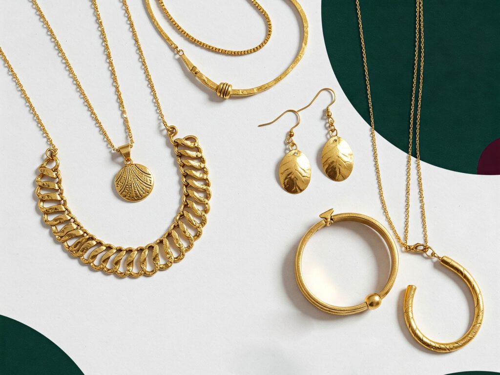 A collection of brass jewelry, including necklaces, earrings, and bracelets, with a warm golden tone and slightly textured finish. T