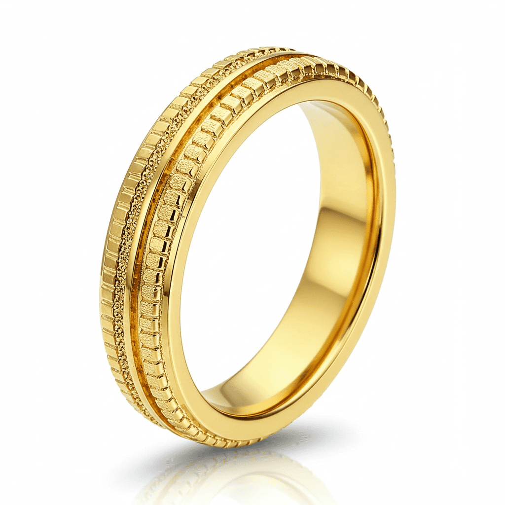 Close-up of a gold-plated stainless steel ring, highlighting micro-welded details and plating thickness—demonstrating advanced manufacturing techniques for bulk jewelry suppliers and distributors.