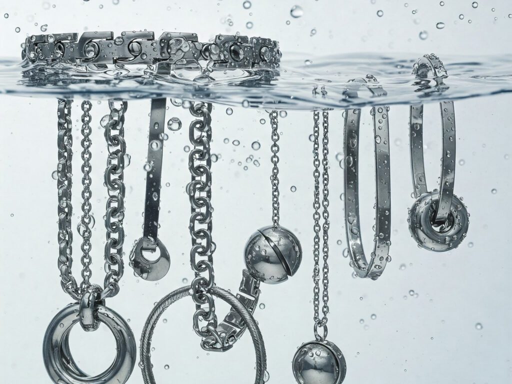 Stainless steel is highly resistant to water and corrosion, making it an excellent material for waterproof jewelry. In water, stainless steel does not rust or tarnish due to its chromium content, which forms a protective oxide layer on the surface. This layer prevents oxidation and protects the metal from moisture and other environmental factors.