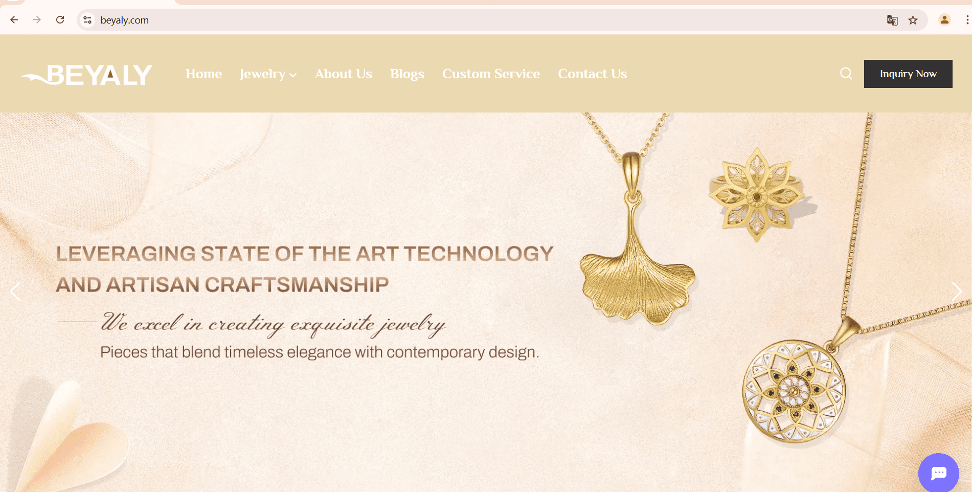 Screenshot of Beyaly’s official website, a leading private label jewelry manufacturer offering custom designs and high-quality craftsmanship for B2B clients.