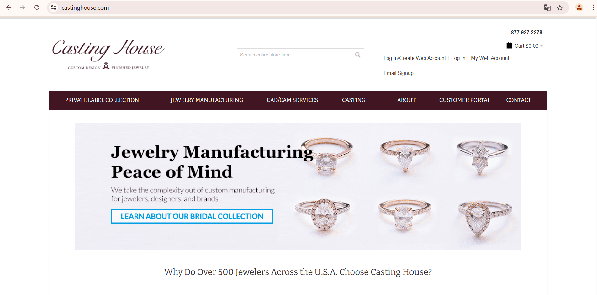 Screenshot of Casting House’s official website, a leading jewelry manufacturer specializing in custom design, CAD/CAM services, and private label jewelry for small businesses.