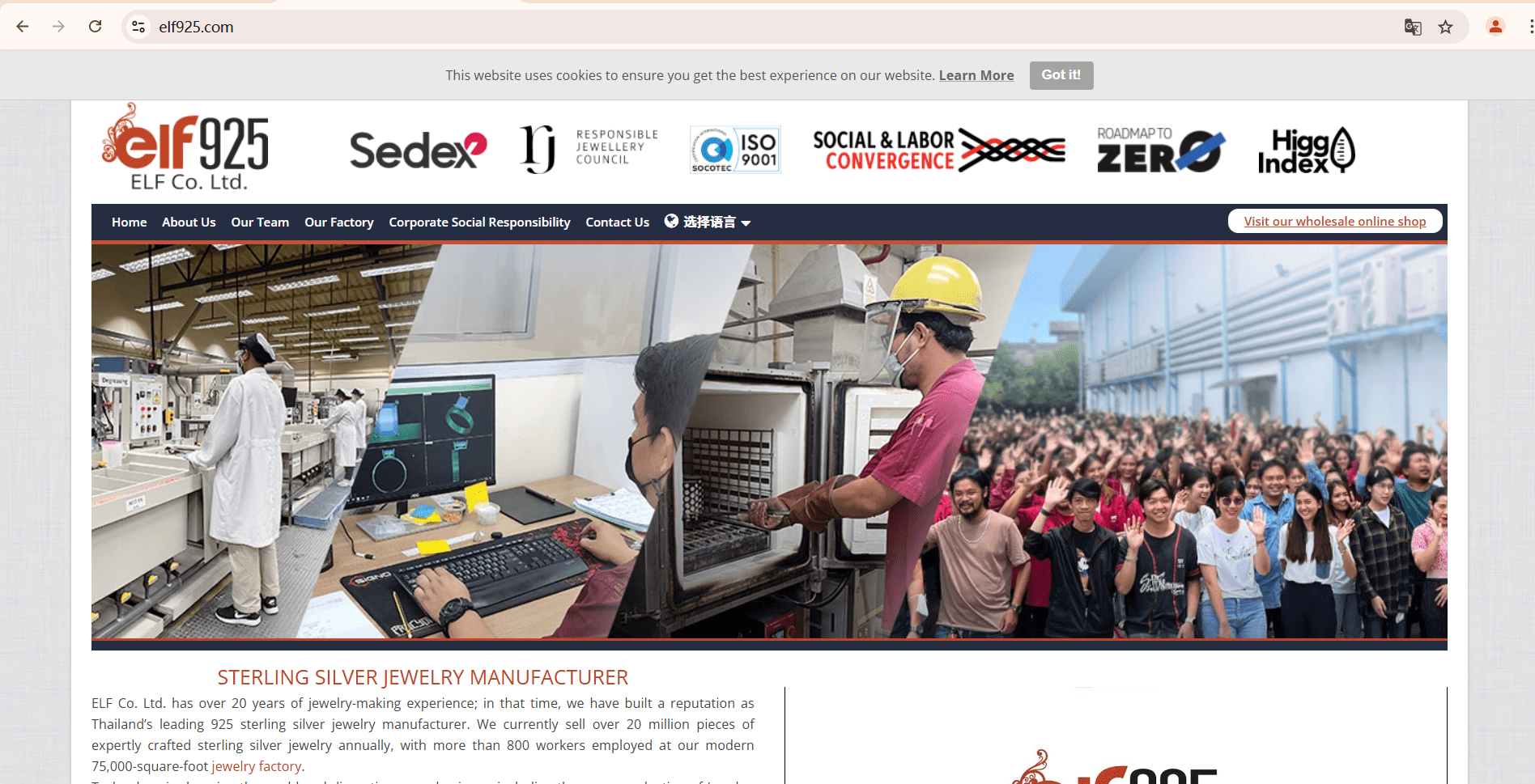 Screenshot of ELF Co. Ltd’s official website, a top jewelry manufacturer specializing in 925 sterling silver jewelry production for small businesses worldwide.