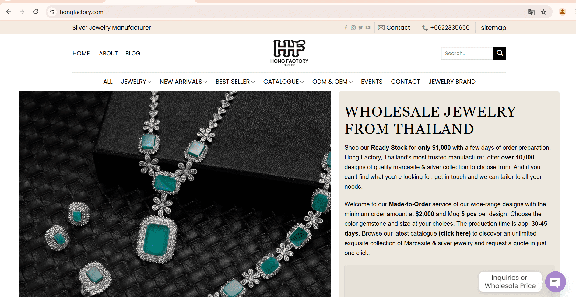 Screenshot of Hong Factory’s official website, a trusted private label jewelry manufacturer specializing in marcasite and sterling silver jewelry for B2B clients.