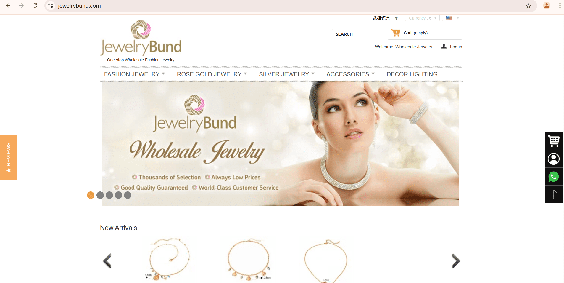 Screenshot of JewelryBund’s official website, a leading private label and wholesale fashion jewelry manufacturer offering rose gold, silver, and accessories for B2B businesses.