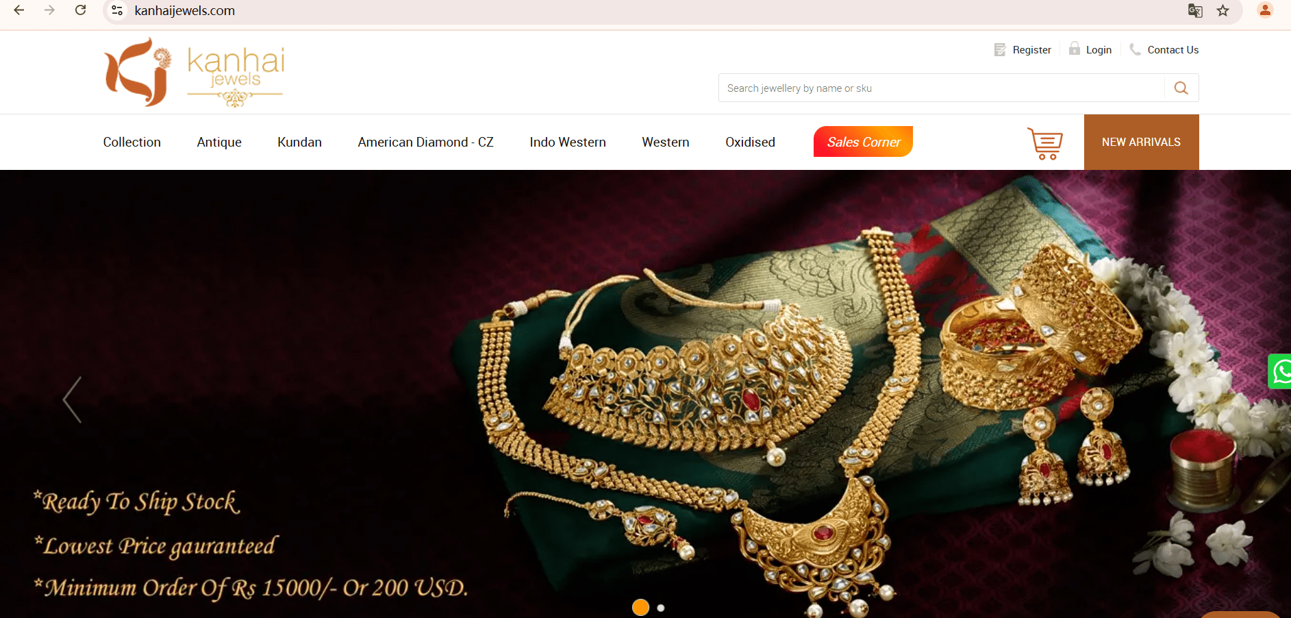 Screenshot of Kanhai Jewels’ official website, a top jewelry manufacturer specializing in Kundan, antique, and imitation gold jewelry for small businesses.