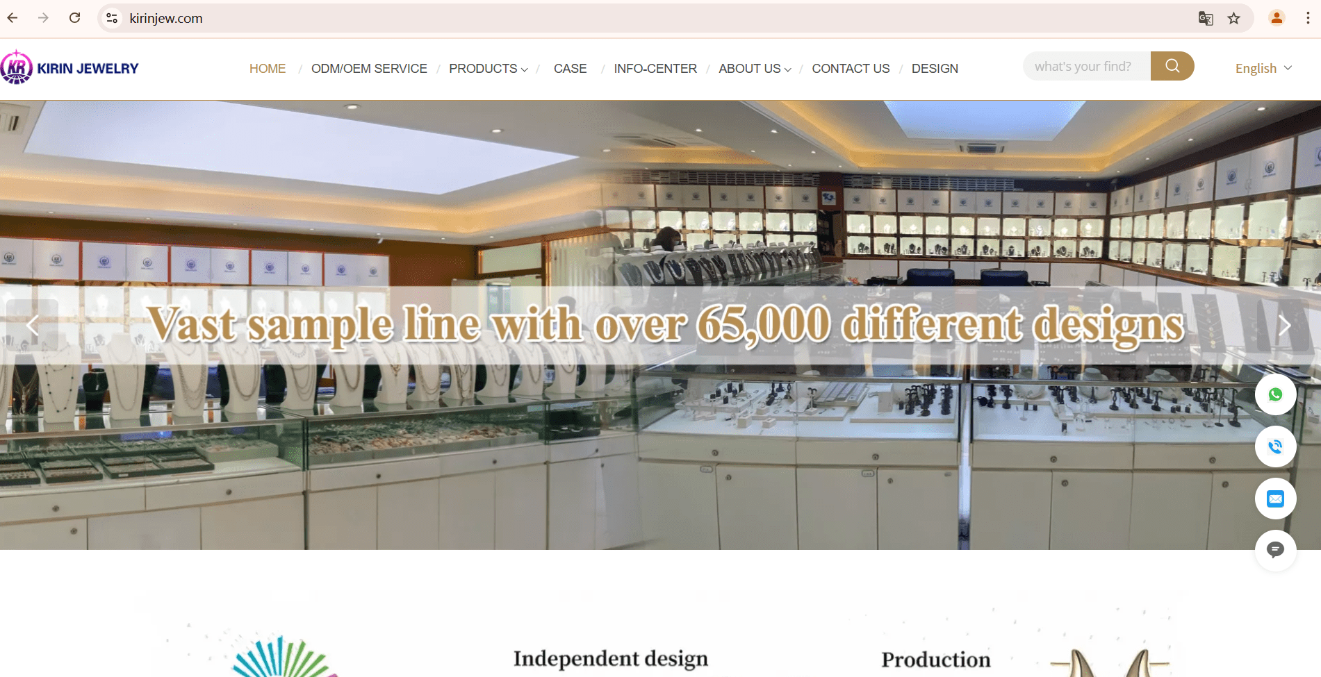 Screenshot of Kirin Jewelry’s official website, showcasing its vast collection of over 65,000 jewelry designs and private label manufacturing services for B2B clients.