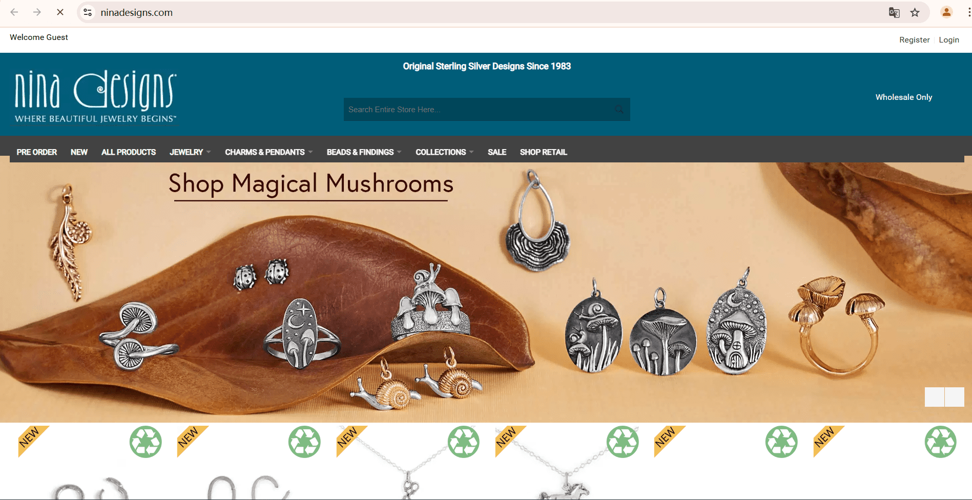 Screenshot of Nina Designs’ official website, a leading private label and wholesale sterling silver jewelry manufacturer specializing in unique and handcrafted designs for B2B clients.