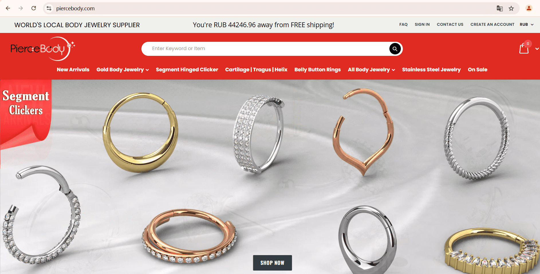 Screenshot of Piercebody’s official website, a trusted private label and wholesale body jewelry manufacturer specializing in segment clickers, gold, and stainless steel designs for B2B clients.