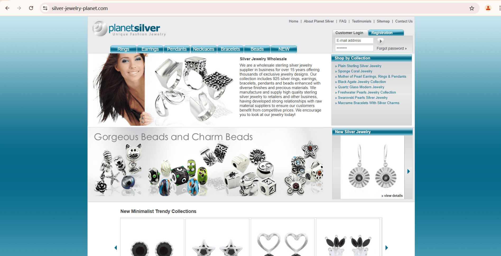 Screenshot of Planet Silver’s official website, a leading jewelry manufacturer specializing in 925 sterling silver rings, earrings, pendants, bracelets, and charm beads for small businesses.