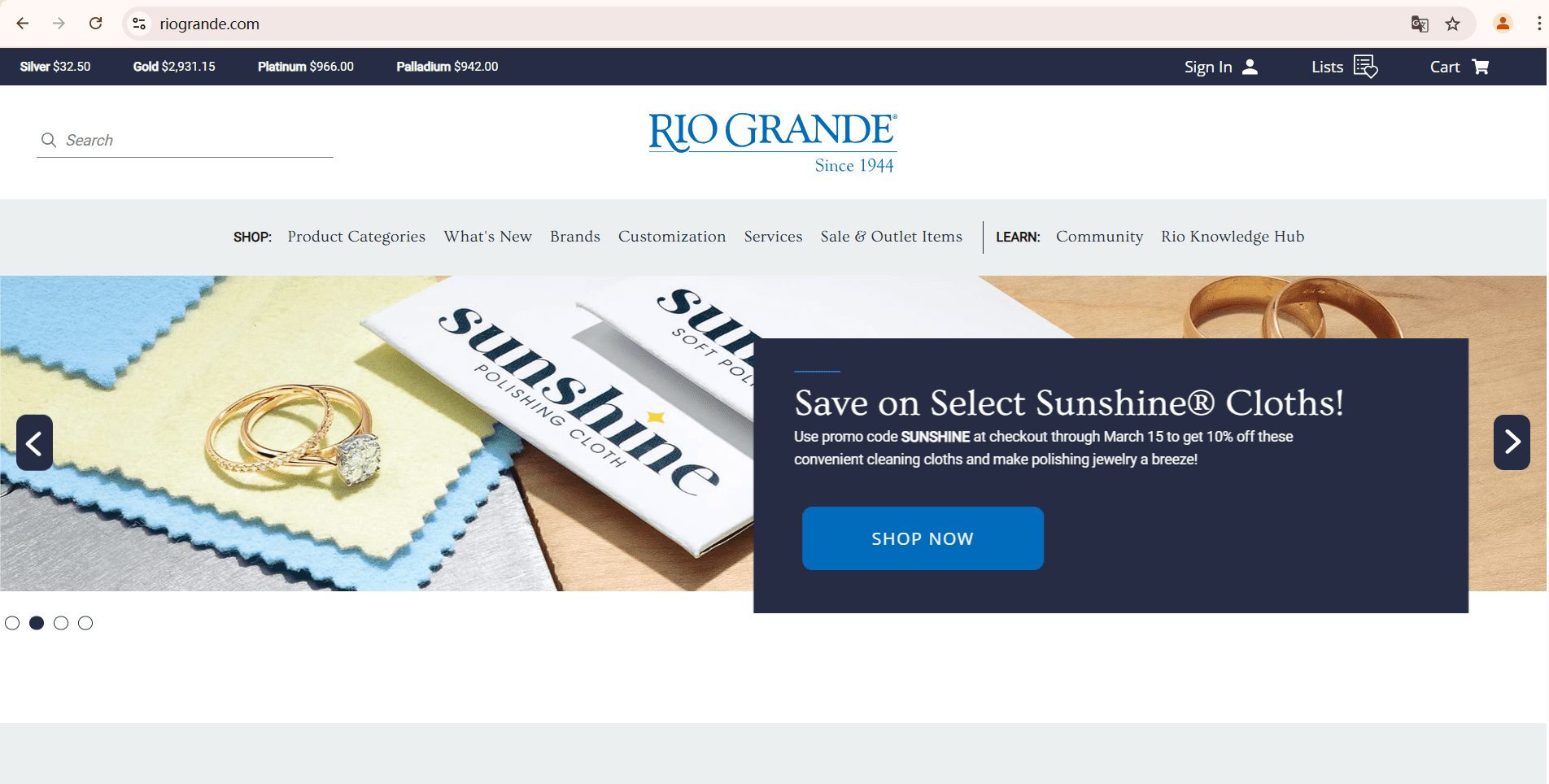 Screenshot of Rio Grande’s official website, a top jewelry manufacturer and supplier offering metals, gemstones, tools, and customization services for small businesses.