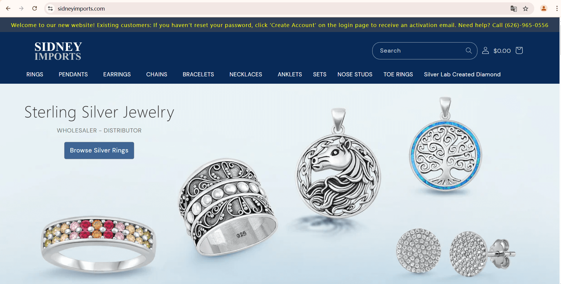 Screenshot of Sidney Imports’ official website, a trusted private label and wholesale sterling silver jewelry manufacturer for B2B businesses.