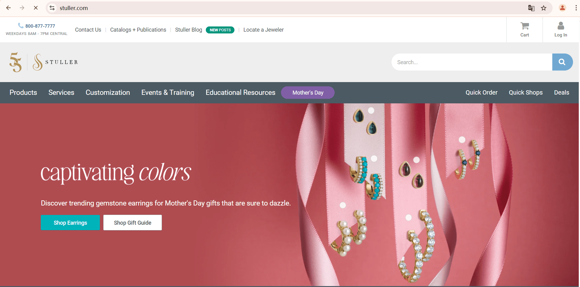 Screenshot of Stuller’s official website, a top jewelry manufacturer offering a wide range of products, customization, and resources for small businesses.