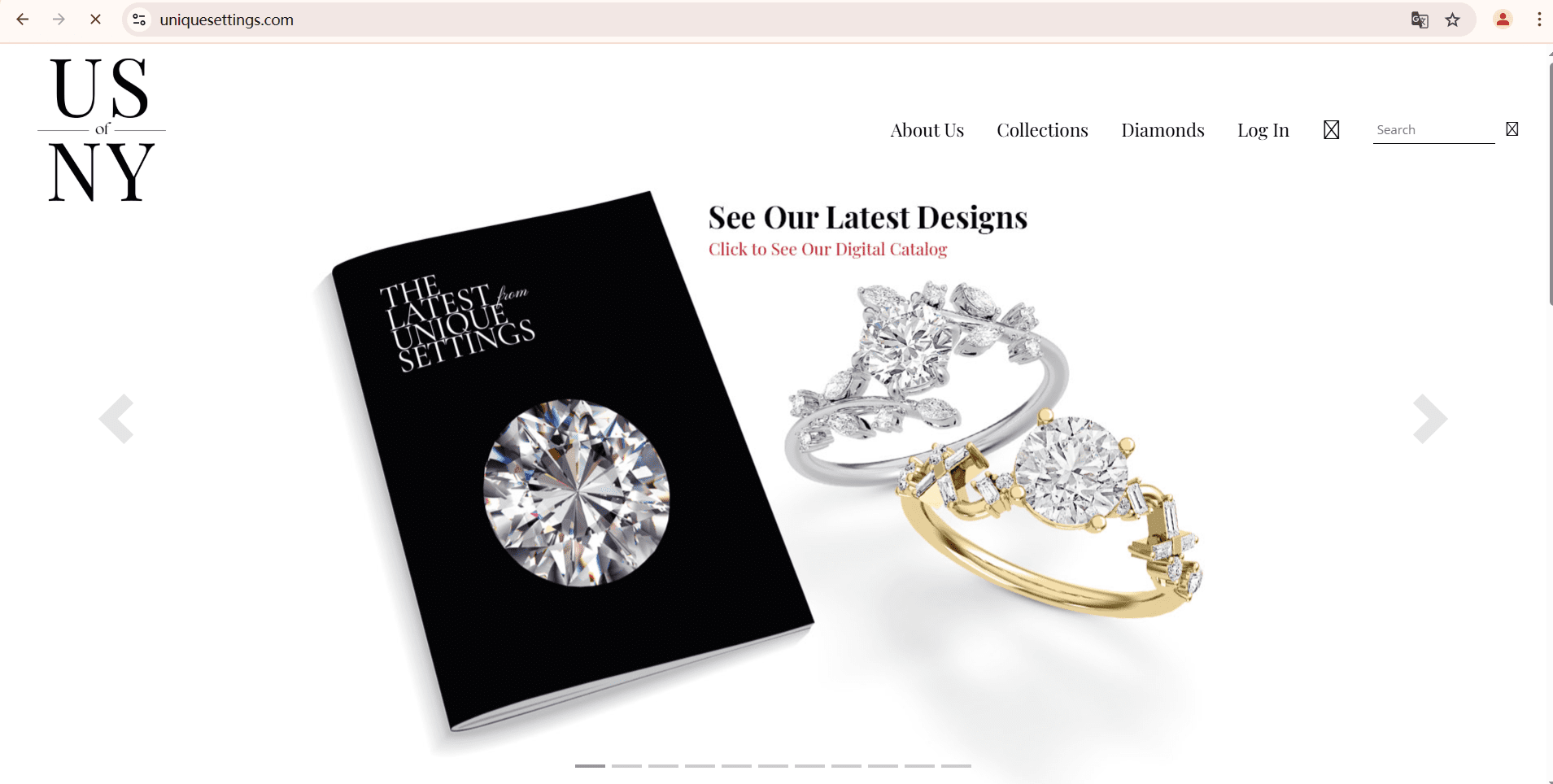 Screenshot of Unique Settings of New York’s official website, showcasing their latest jewelry designs and digital catalog for small business retailers.