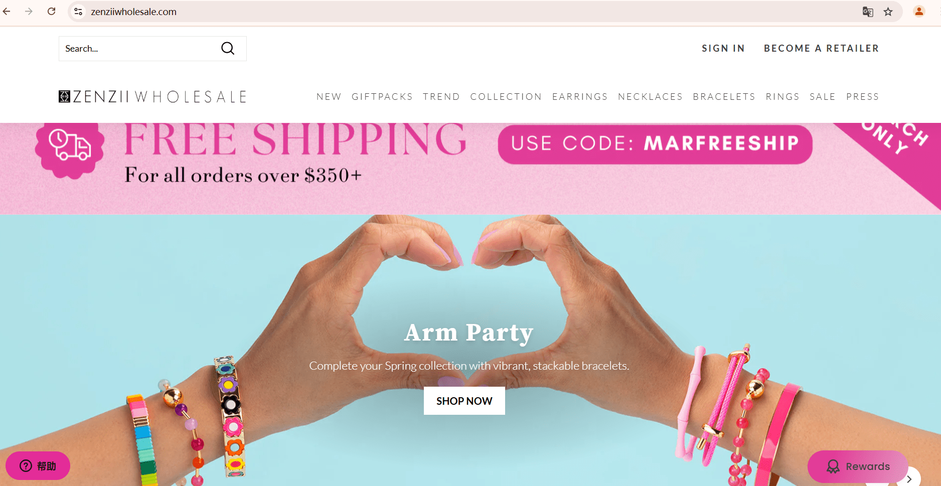 Screenshot of Zenzii Wholesale’s official website, a leading fashion jewelry manufacturer specializing in colorful, trendy, and statement accessories for small businesses.