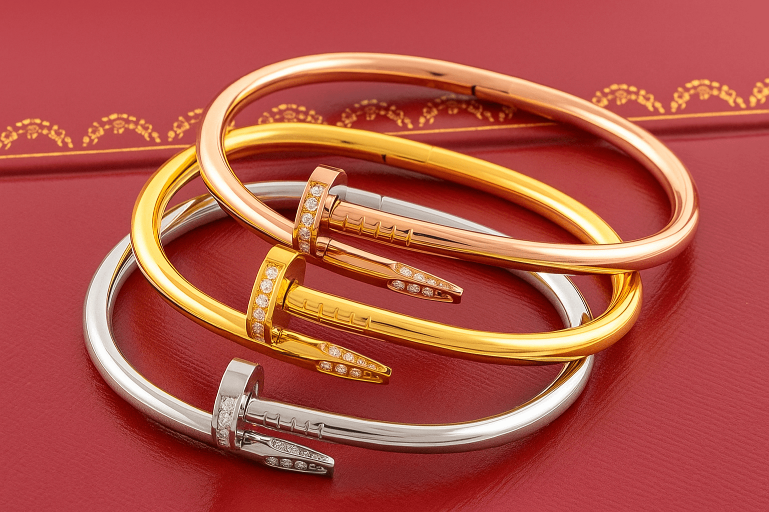 Three Juste un Clou bracelets in rose gold, yellow gold, and white gold with diamond accents, displayed on a red box.