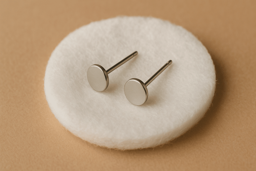 A pair of minimalist 316L stainless steel stud earrings resting on a white cotton pad, symbolizing hypoallergenic safety for sensitive skin.