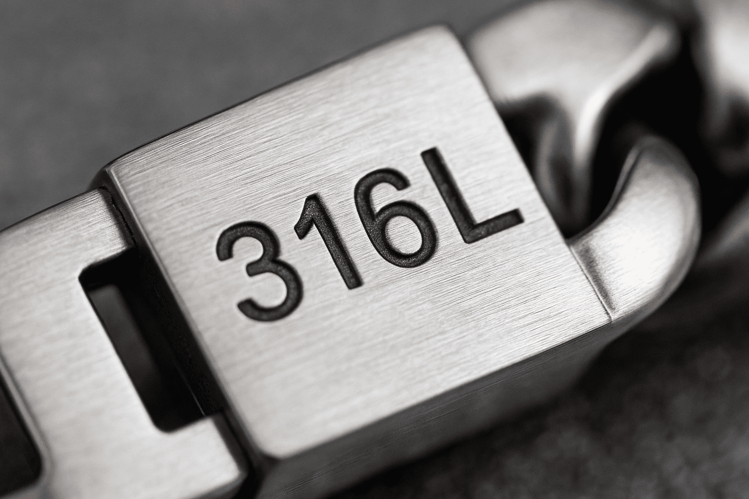 Macro image of a “316L” laser-engraved hallmark on a stainless steel bracelet clasp, indicating premium jewelry-grade material.
