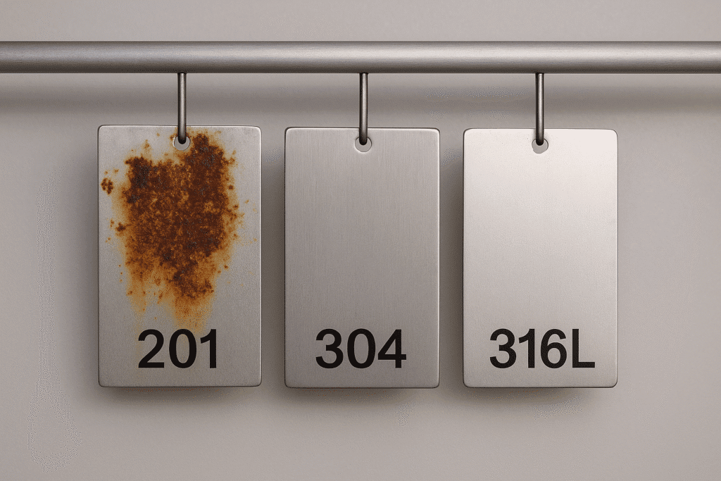 Side-by-side comparison of stainless steel grades 201, 304, and 316L showing corrosion resistance, with 201 rusted and 316L clean.