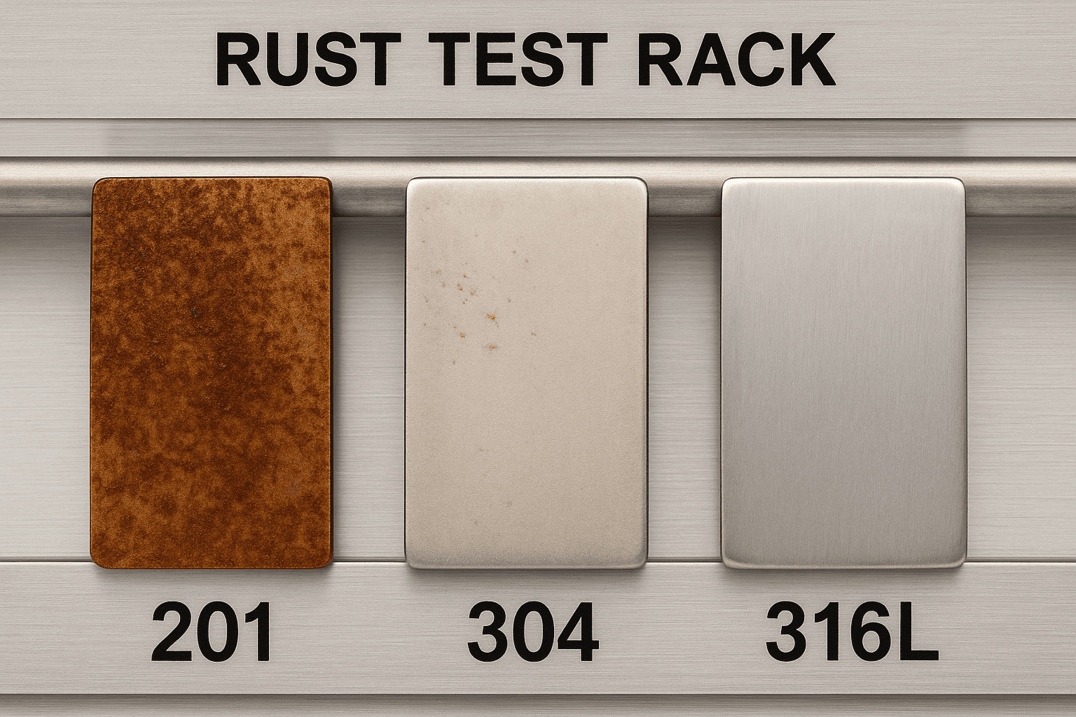 Rust test rack showing side-by-side stainless steel samples 201, 304, and 316L after 200-hour salt spray, with 201 heavily rusted and 316L spotless.