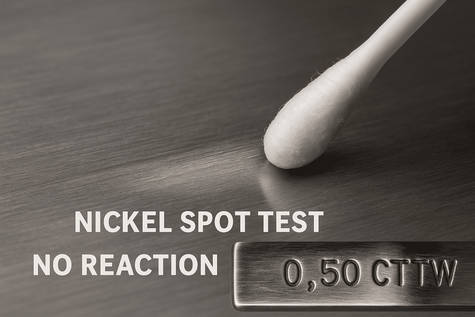 Close-up of a cotton swab testing stainless steel surface for nickel release, showing no reaction—safe for sensitive skin.