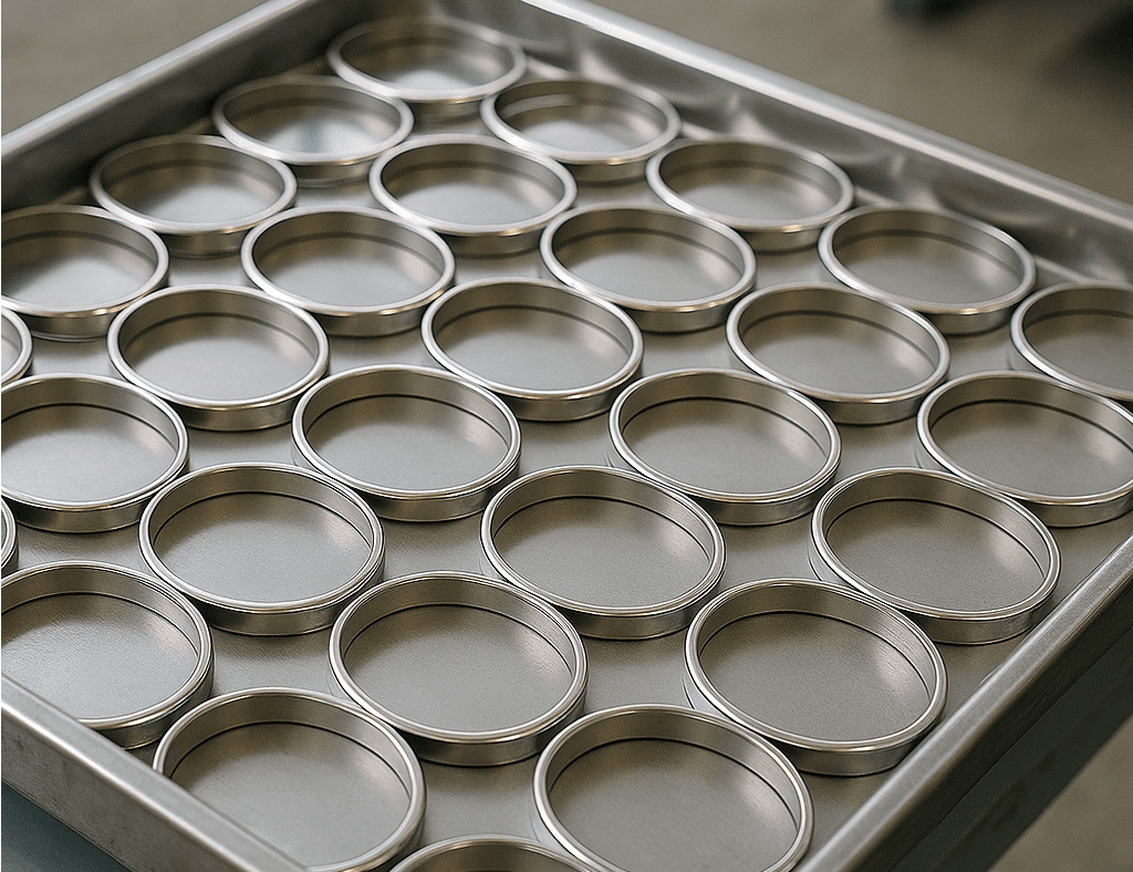 Dozens of 316L stainless steel bracelets arranged in an industrial tray, showcasing large-scale jewelry manufacturing.