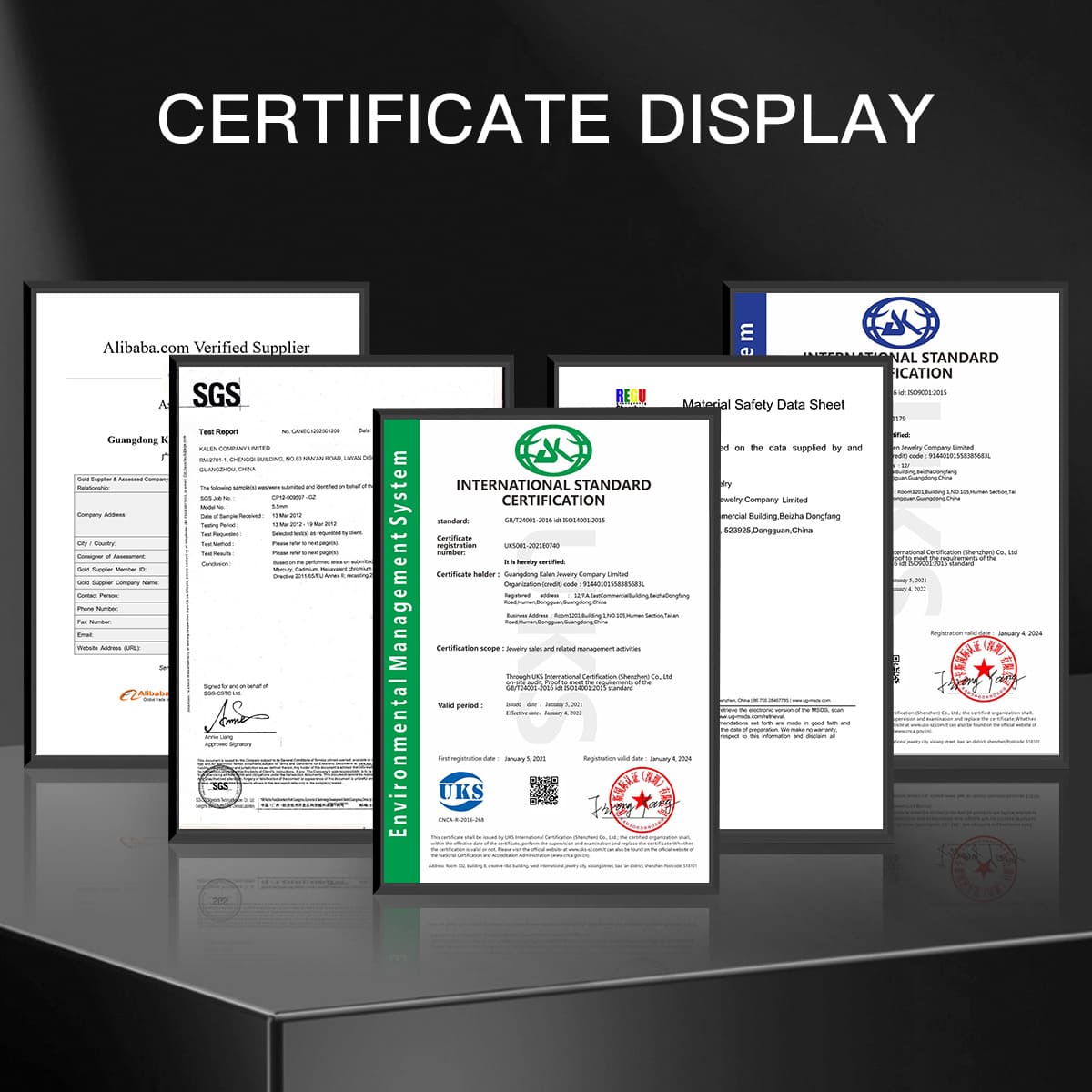 International certificates for jewelry production, showcasing compliance and quality