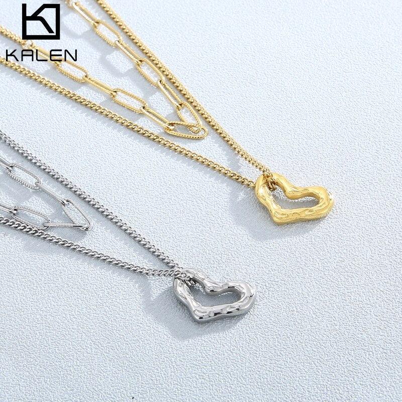 KALEN New Fashion Trendy Double layer Jewelry Necklace Stainless Steel Heart Chain Link Necklace Gift for Women Girl.
