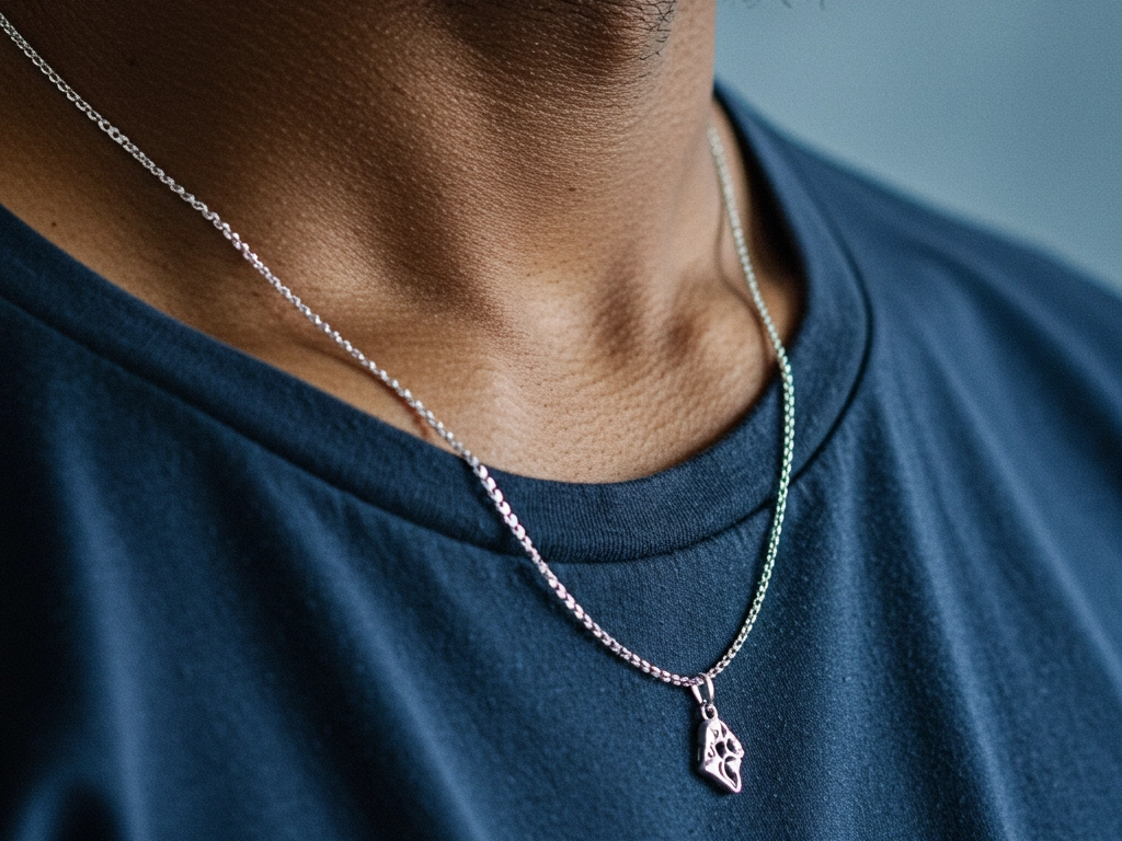 A close-up of a man wearing an 18-inch silver chain necklace with a pendant, showcasing fit and style for wholesale jewelry buyers. 