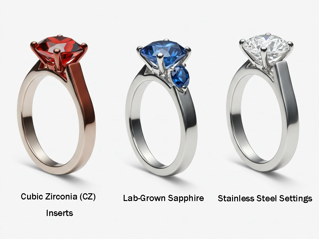 A display of rings featuring cubic zirconia, lab-grown sapphires, and other gemstones set in stainless steel. With high return rates and quality inconsistencies affecting moissanite, bulk jewelry buyers are increasingly considering alternative gemstones that offer better durability, customer satisfaction, and long-term value.