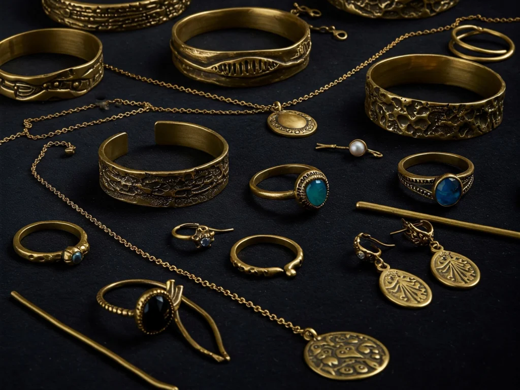 A collection of brass jewelry, including rings, bracelets, and necklaces, displayed on a dark background—highlighting key manufacturing and supply chain considerations for bulk jewelry suppliers, with a focus on water resistance and durability.