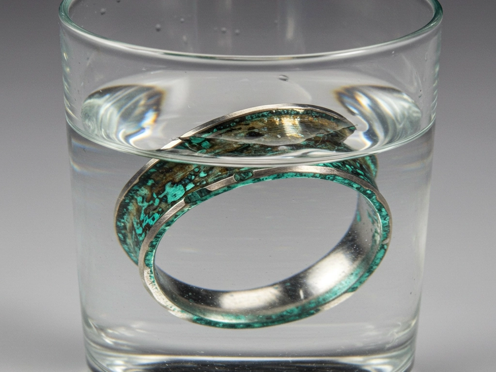 A brass ring with a patina finish, partially submerged in a glass of water, demonstrating the effects of water exposure on brass jewelry.