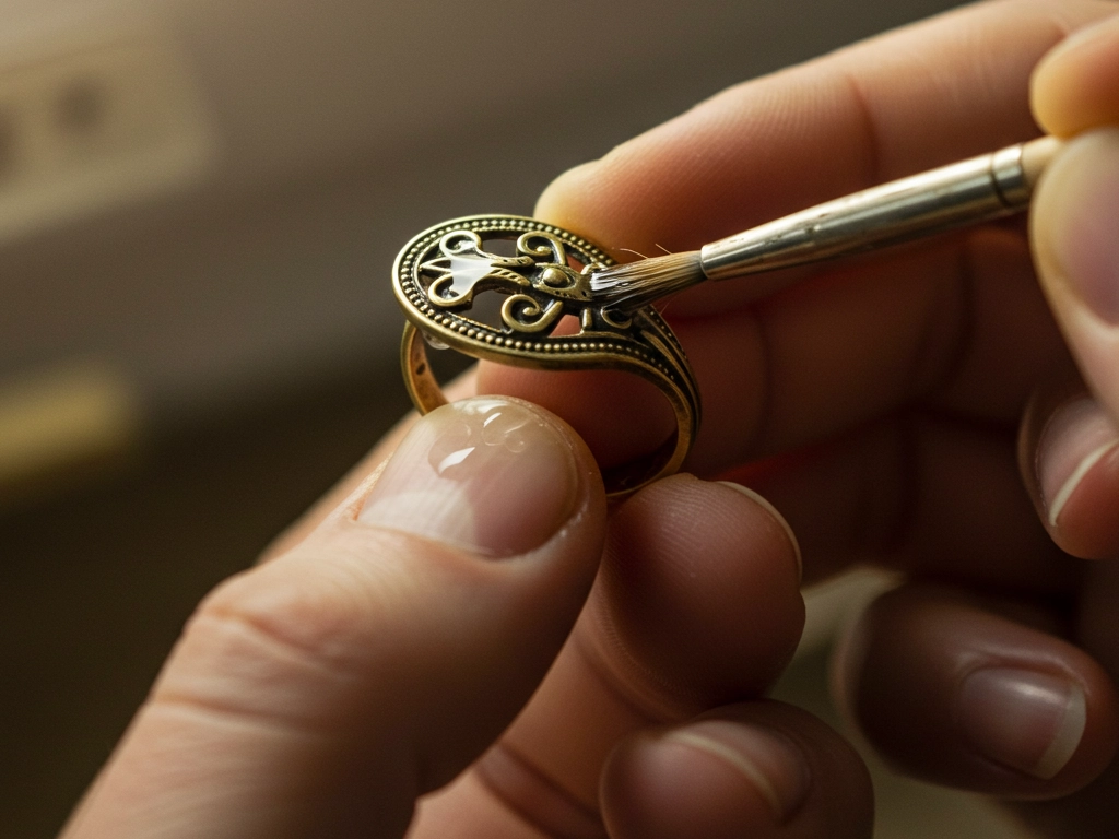 A close-up view of a craftsman applying a protective coating to a brass ring using a fine brush, showcasing the waterproofing process for brass jewelry in bulk production.