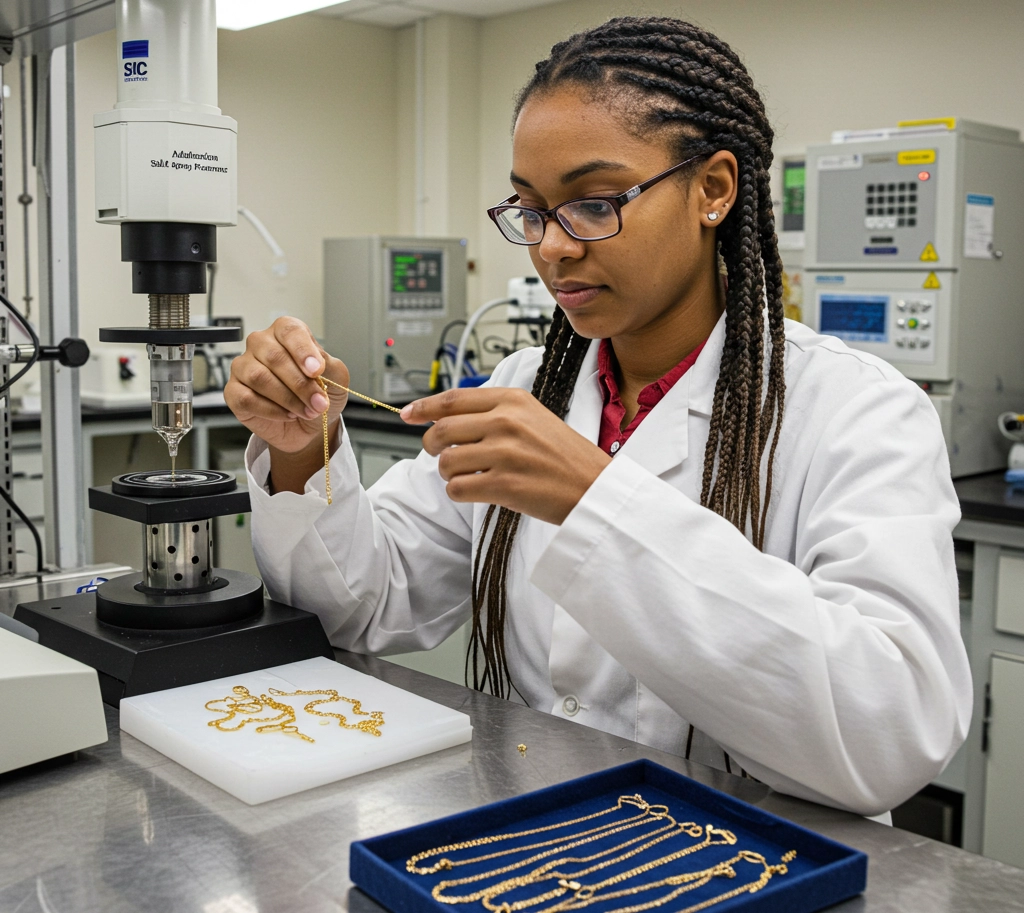 A laboratory technician conducting quality control tests on gold-plated stainless steel jewelry, examining plating adhesion or salt spray resistance—demonstrating rigorous testing standards for bulk jewelry manufacturers and suppliers.