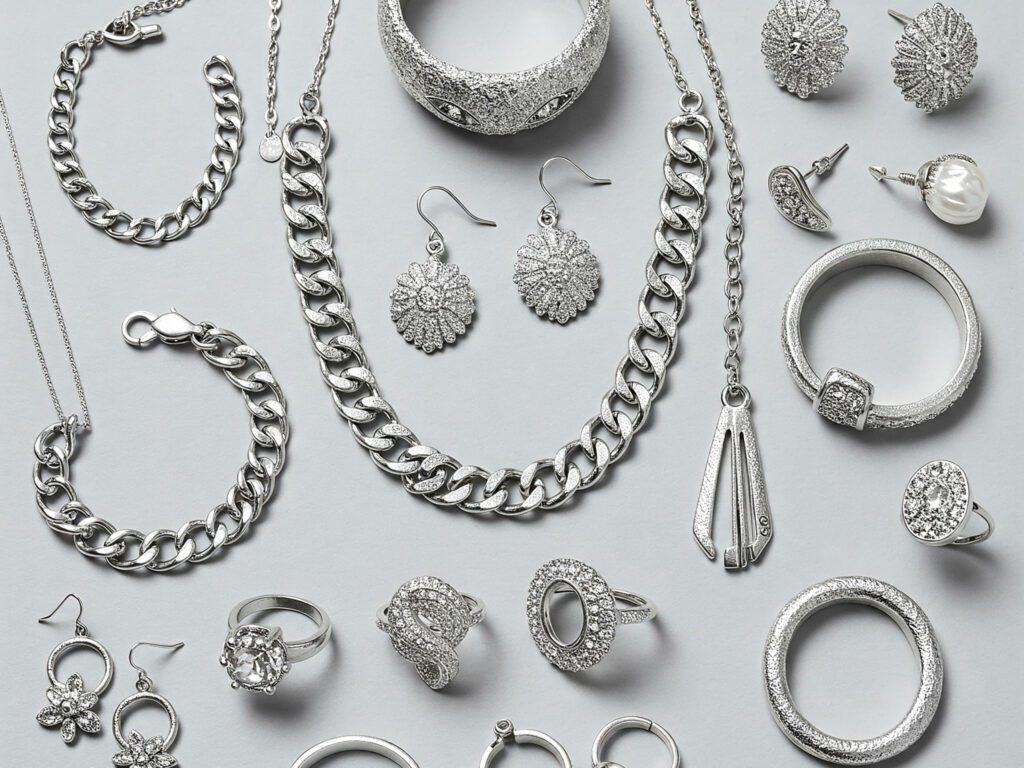 A collection of silver-coated jewelry, including bracelets, necklaces, rings, earrings, and pendants, displayed on a neutral background. The pieces feature intricate designs, chain links, and sparkling stone embellishments, highlighting their elegance and craftsmanship.