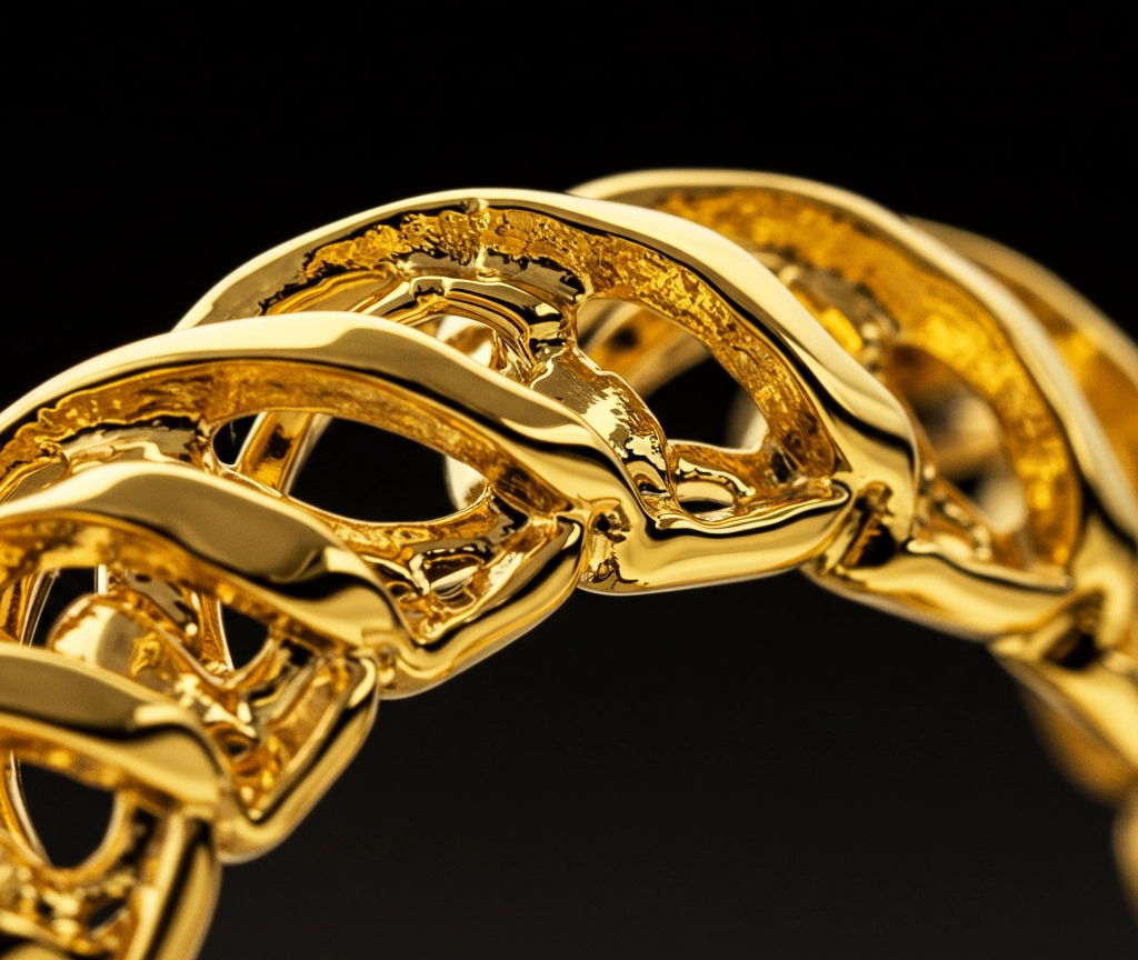 Close-up of a gold-plated stainless steel chain, showcasing the high-gloss finish achieved through UV curing—demonstrating advanced surface treatment for enhanced durability in bulk jewelry manufacturing.