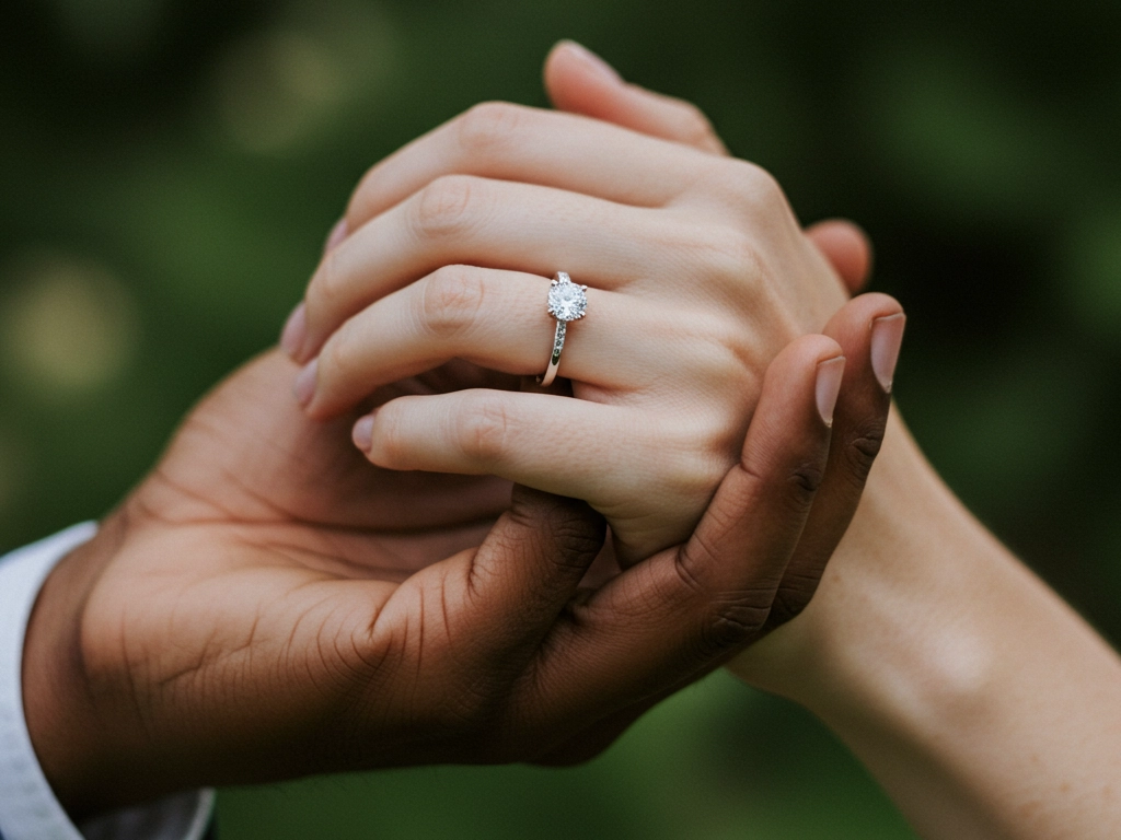 A close-up of an elegant moissanite engagement ring on a woman's hand, symbolizing affordability and brilliance. Bulk jewelry buyers are increasingly choosing moissanite for its diamond-like appearance, ethical sourcing, and cost-effectiveness in the competitive fine jewelry industry.