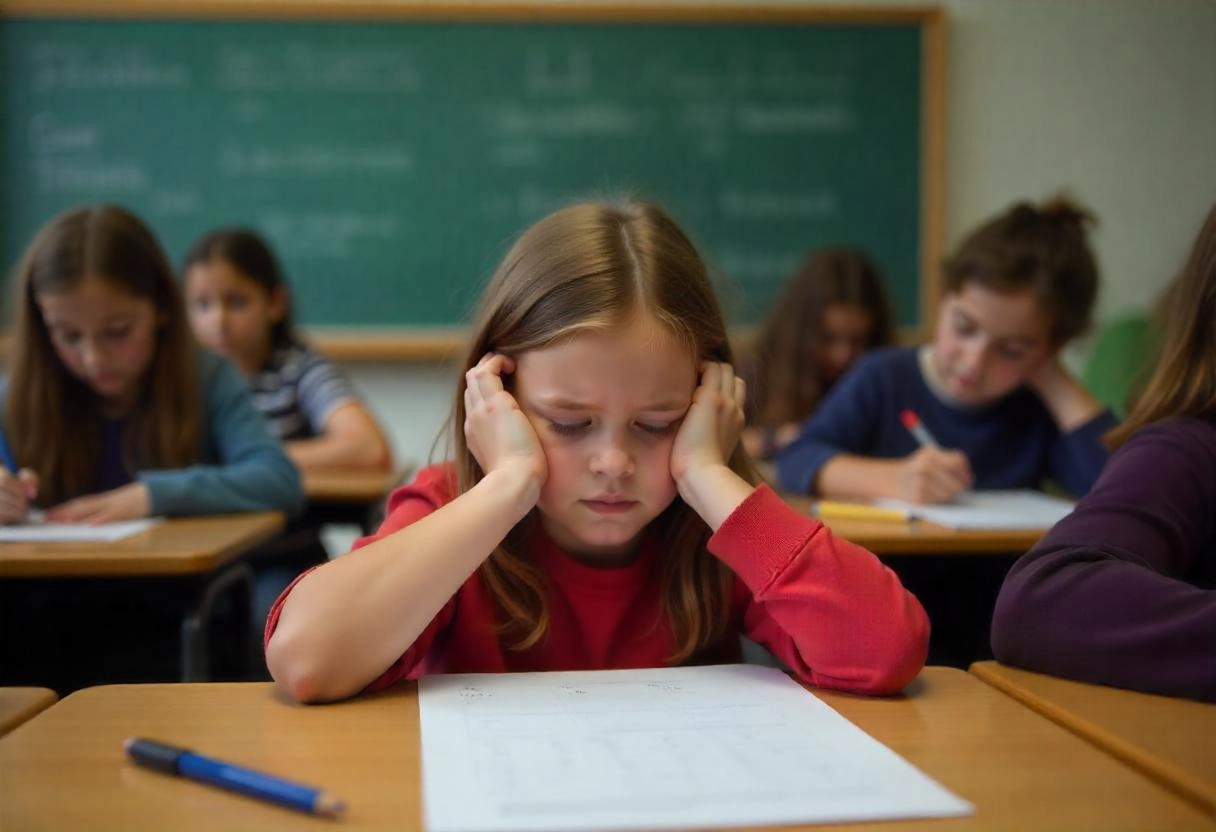 A young girl in a classroom, struggling to focus on her assignment, representing the challenges faced by children with ADHD.