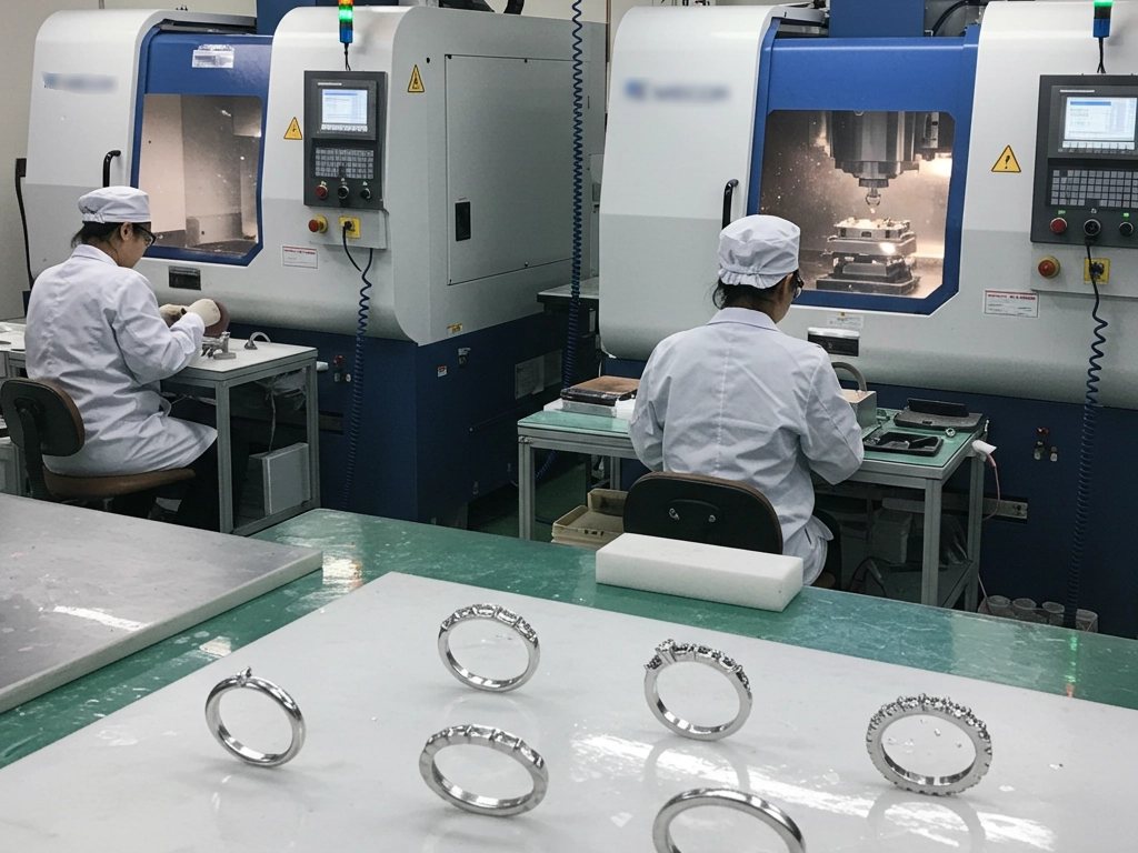 Skilled workers in a high-tech factory using CNC machinery and polishing stations to manufacture ADHD rings with precision.