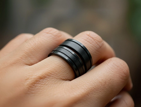 A black ADHD ring with multiple spinning bands worn on a person's finger, designed for sensory stimulation and stress relief.