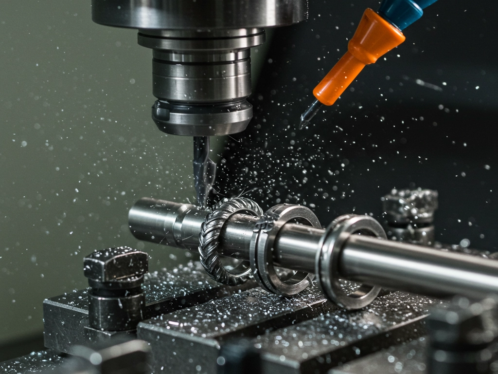 A CNC machine shaping stainless steel rods into ring bands, with cooling fluid spraying during the milling process.