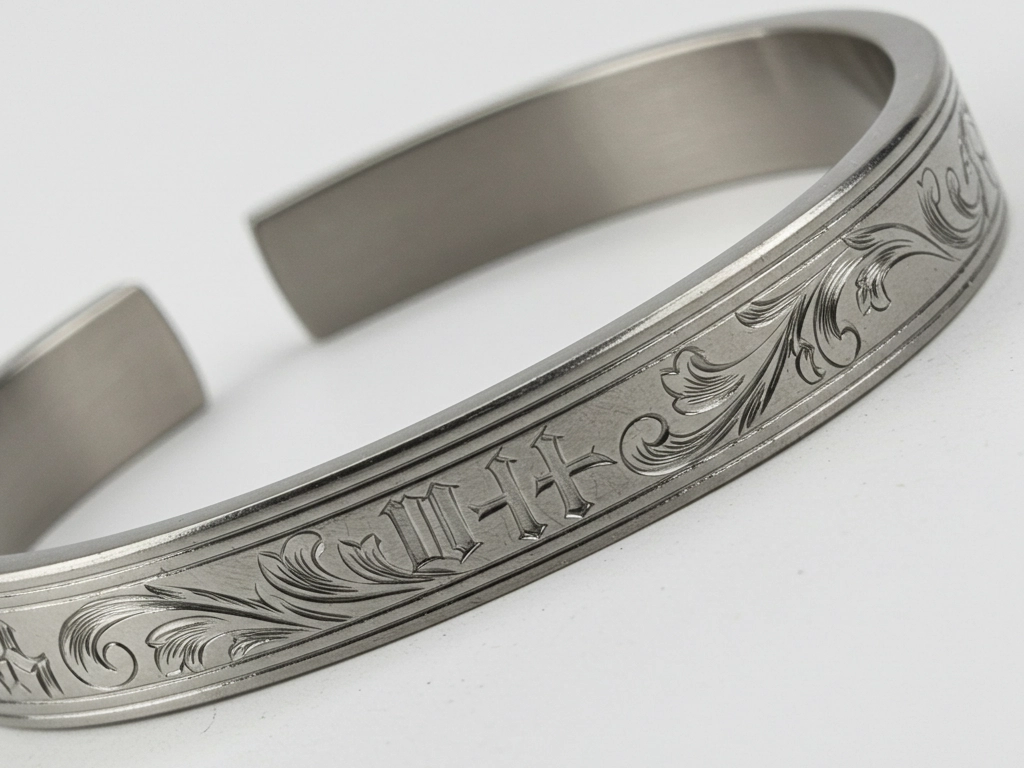 A close-up of a stainless steel cuff bracelet with intricate engravings, showcasing the craftsmanship of private label jewelry manufacturers for B2B businesses.