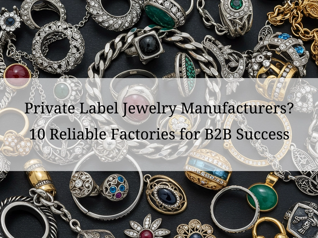 A collection of luxurious silver and gold jewelry, including rings, bracelets, and pendants, representing top private label jewelry manufacturers for B2B businesses.
