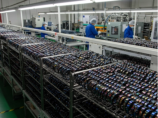 PVD-Coated Stainless Steel Bracelets on a Factory Conveyor Belt