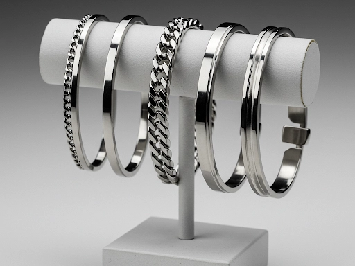 A display of polished stainless steel bracelets, featuring sleek bangles and chain designs on a jewelry stand.