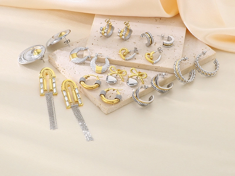A stylish collection of stainless steel earrings featuring silver and gold-tone accents in various hoop, dangle, and stud designs.