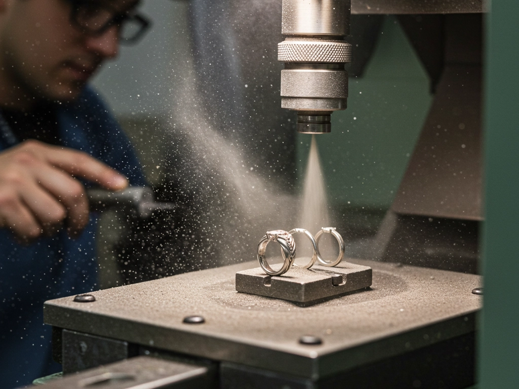 A surface coating station applying micro-blasting to stainless steel rings, improving durability and finish for wholesale buyers.