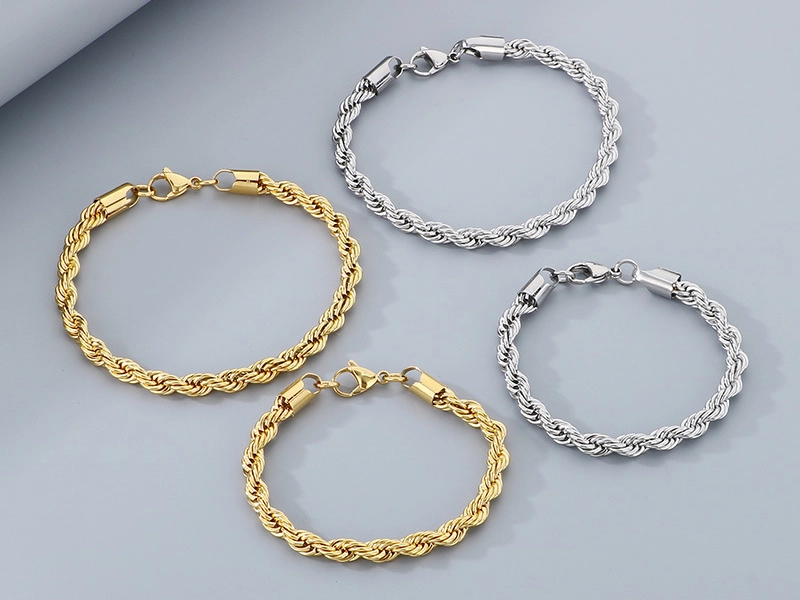 A set of stainless steel rope chain bracelets in gold and silver finishes, featuring a classic twisted design with secure lobster clasps.