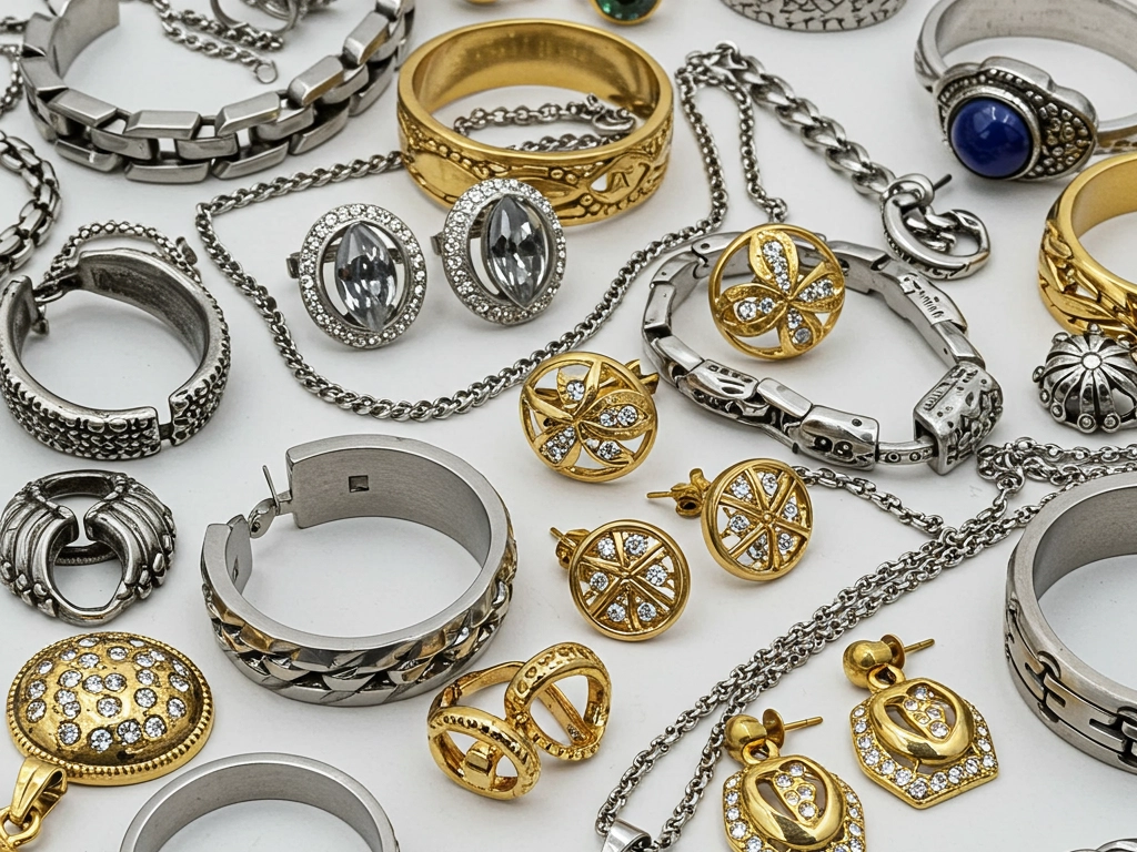 A collection of gold and silver jewelry, including rings, bracelets, necklaces, and earrings, showcasing diverse styles and materials from top manufacturers for small businesses.